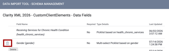 Clarity XML Schema Management Delete Icon for Deleting Custom Fields