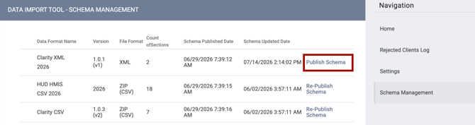 Clarity XML Schema Management Publish Schema function