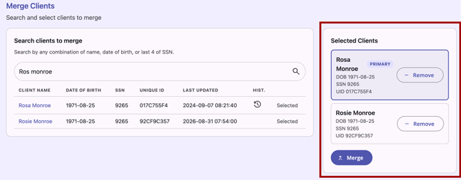 Client Merge module showing selected clients and the first selected client marked as Primary