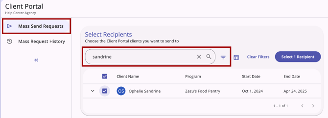 Client Portal Mass Send Requests option with Search and Filter options highlighted