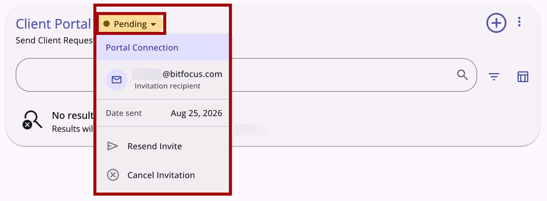 Client Portal Tab showing Pending status dropdown with Resend or Cancel invite