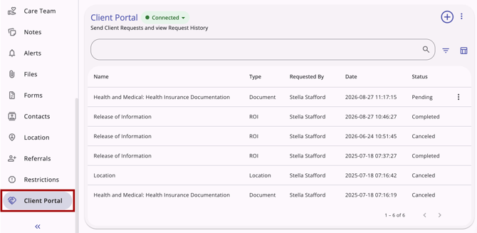 Client Portal Tab with tab highlighted for a client with the Connected status badge