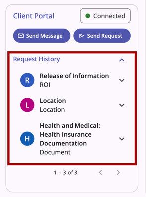 Client Portal card showing Request History details
