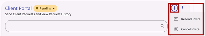 Client Portal showing Pending status and Add icon options of Add or Cancel Invite