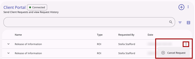 Client Portal tab Request History Cancel Request