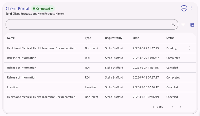 Client Portal tab showing a clients portal history and connected status