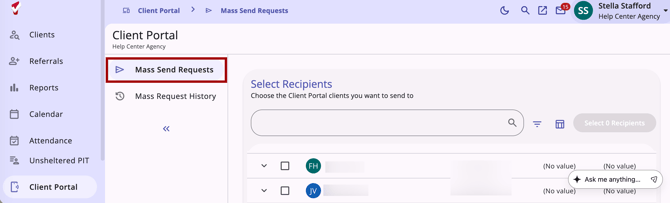 Client Portal tab showing the Mass Send Requests option