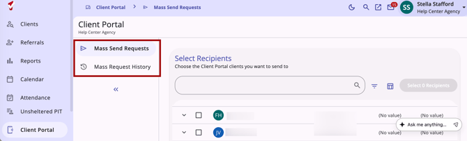 Client Portal tab showing the Mass Send and Mass Request History options