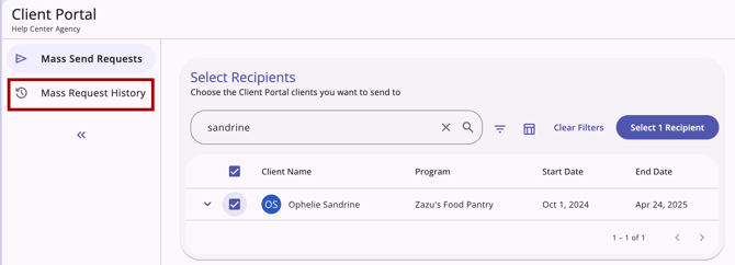 Client Portal tab with Mass Request History tab highlighted