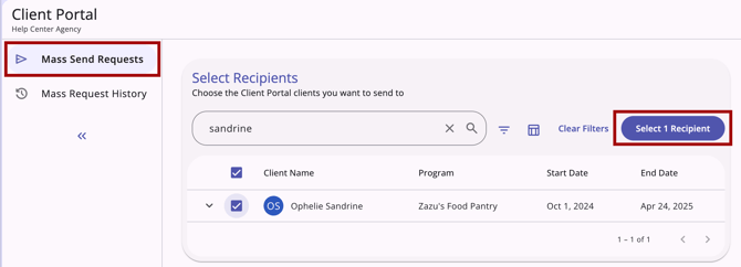 Client Portal tab with Select Recipients button highlighted