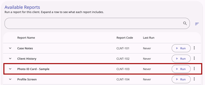 Available Repors section of the workspace, showing the Photo ID Card report highlighted