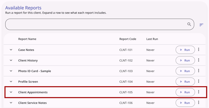 Available Reports section in the workspace with the Client Appointments report highlighted