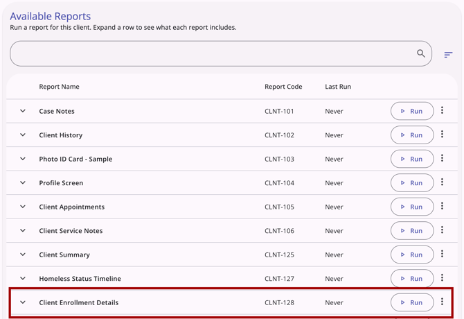 Available Reports section of the workspace with Client Enrollment Details report highlighted