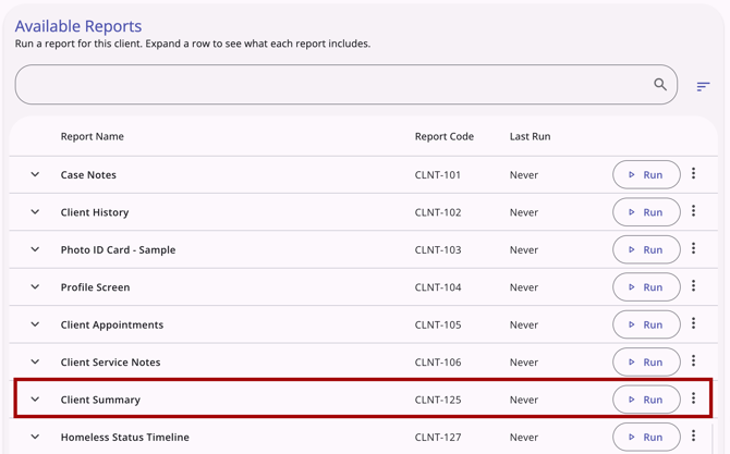 Available Reports section of the workspace with Client Summary report, highlighted