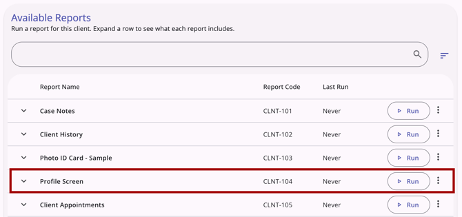 Available Reports section of the workspace with Profile Screen report highlighted