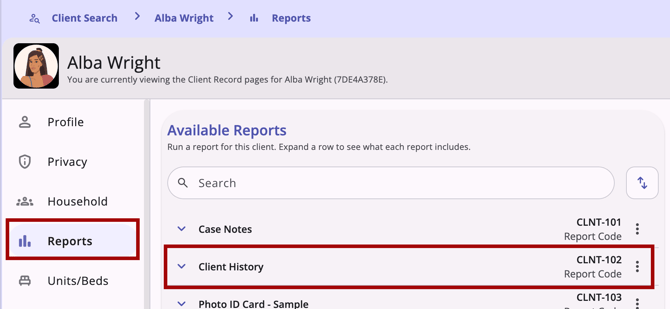 Client Reports navigation menu item with Client History report highlighed