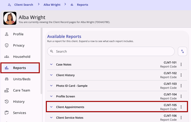 Client record navigation menu showing the Reports item and Client Appointments report, highlighted