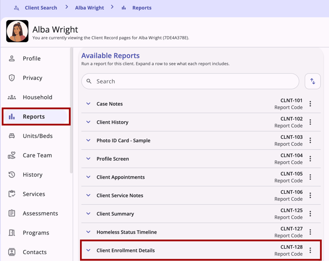 Client record navigation menu showing the Reports item and Client Enrollment Details report highlighted
