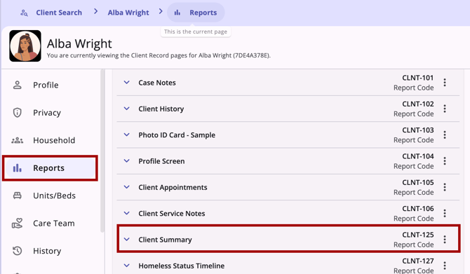 Client record navigation menu showing the Reports item and Client Summary report, highlighted