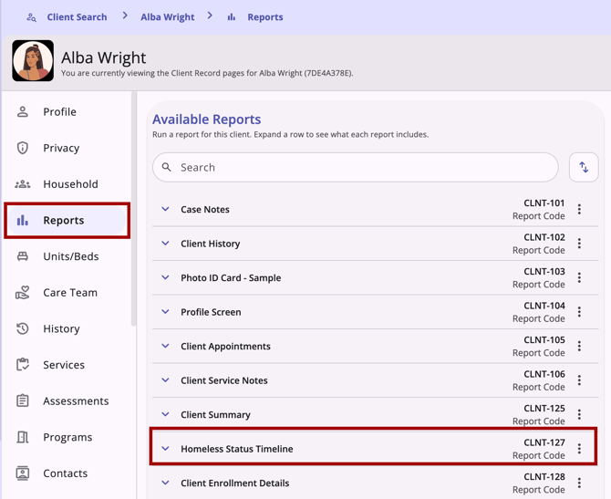 Client record navigation menu showing the Reports item and Homeless Status Timeline report, highlighted