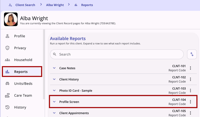Client record navigation menu showing the Reports item and Profile Screen report, highlighted