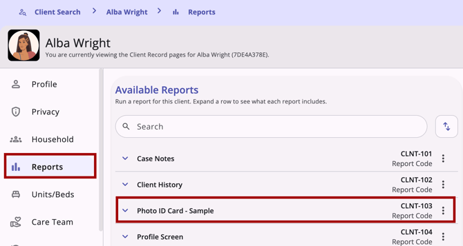 Client record navigation menu showing the Reports item and report, highlighted