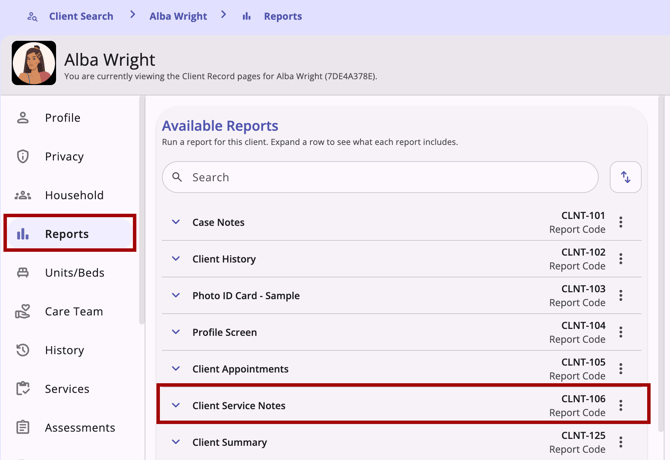 Client record navigation menu showing the Reports item, highlighted