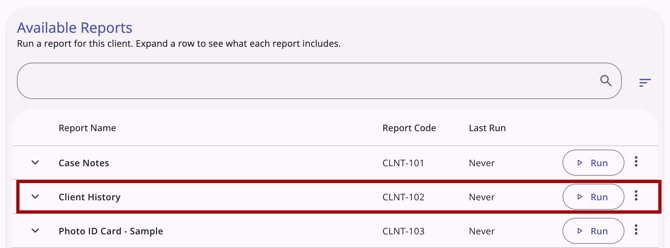 The Client History report highlighted in the Available Reports section of the workspace