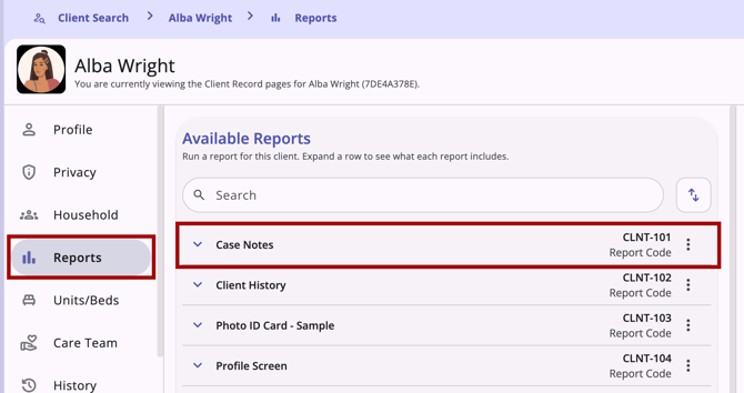 [CLNT-101] Case Notes option, shown in the client record