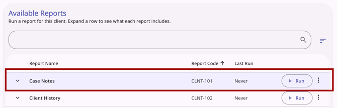 Case Notes report shown on the Available Reports section of the Reports workspace