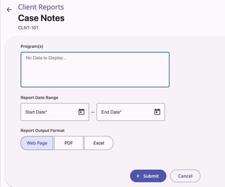 Parameter form for [CLNT-101] Case Notes report