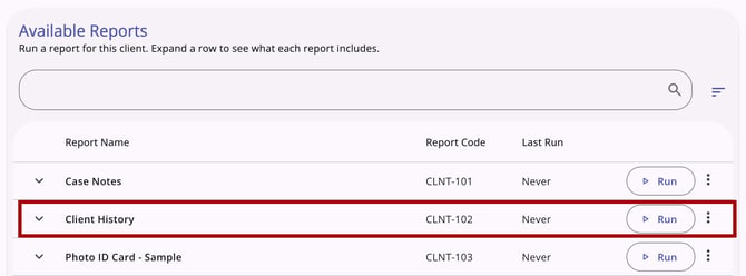 The Client History report highlighted in the Available Reports section of the workspace