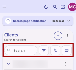 Client Search page on mobile device showing the Search Filter Sort and column selector