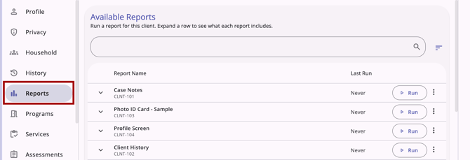 Client level Reports tab showing with the tab highlighted in red