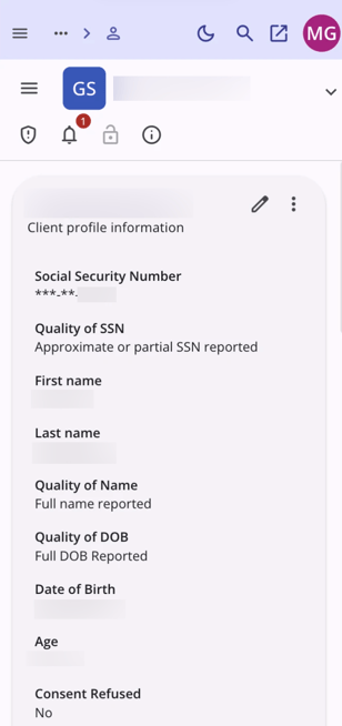 Client profile showing on a mobile screen