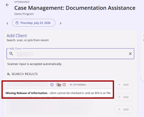 Client with a Missing ROI showing the standard warning