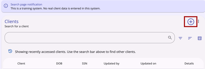 Clients Search workspace with the Add icon highlighted