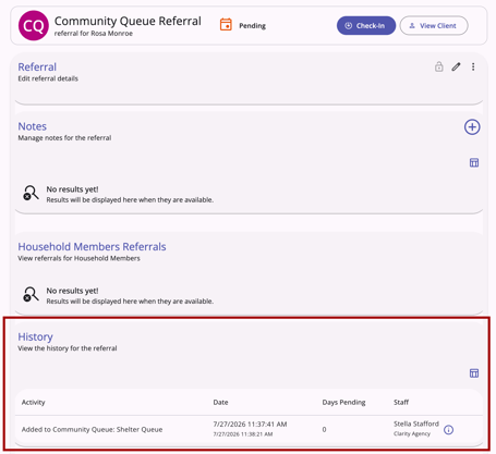 Community Queue Referral highlighting the History section of the referral