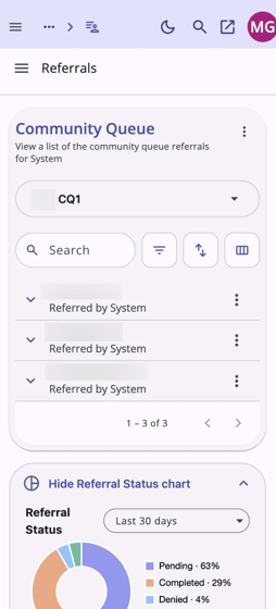 Community Queue Referrals page showing on a mobile device