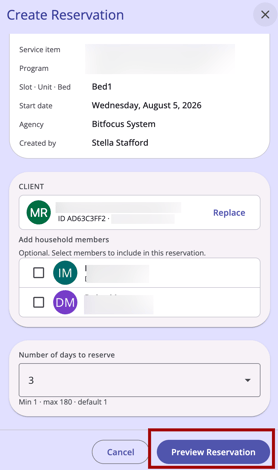 Creat Reservation Modal showing the Preview Reservation button