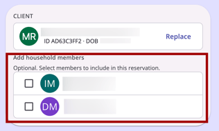 Create Reservation Modal showing Household Members option