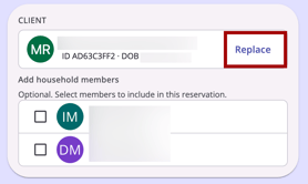 Create Reservations Modal showing the Replace option for changing the client selection