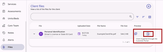 Customer Portal file showing on the clients Files tab with icon and tooltip documented