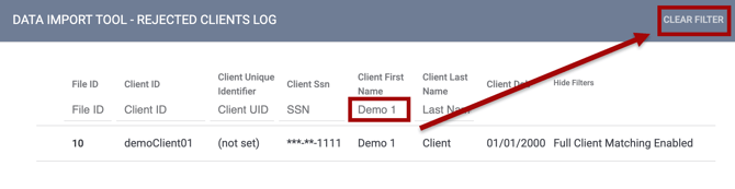 DIT Rejected Client Log Clear Filter Feature