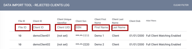 DIT Rejected Clients Log Search Fields Highlighted