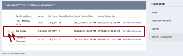 DIT Schema Management displaying the Clarity CSV option with View and Edit icon, highlighted