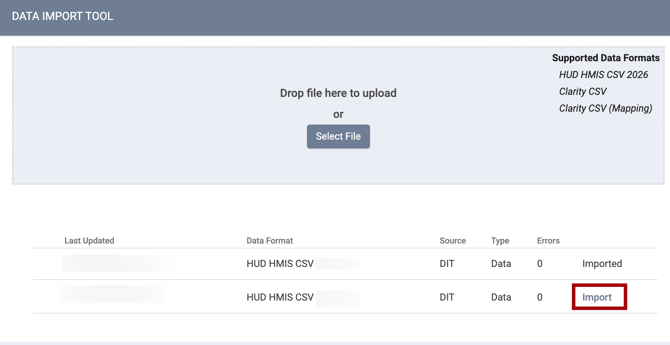 DIT with the Import option highlighted