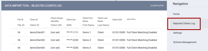 DIT with the Rejected Clients Log option on the Navigation, highlighted