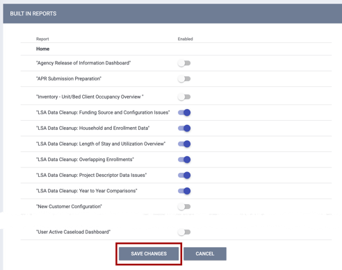 Data Analysis settings showing the Built In Reports Folder with Save Changes