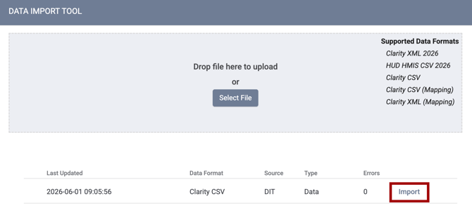 Data Import Tool Click Import